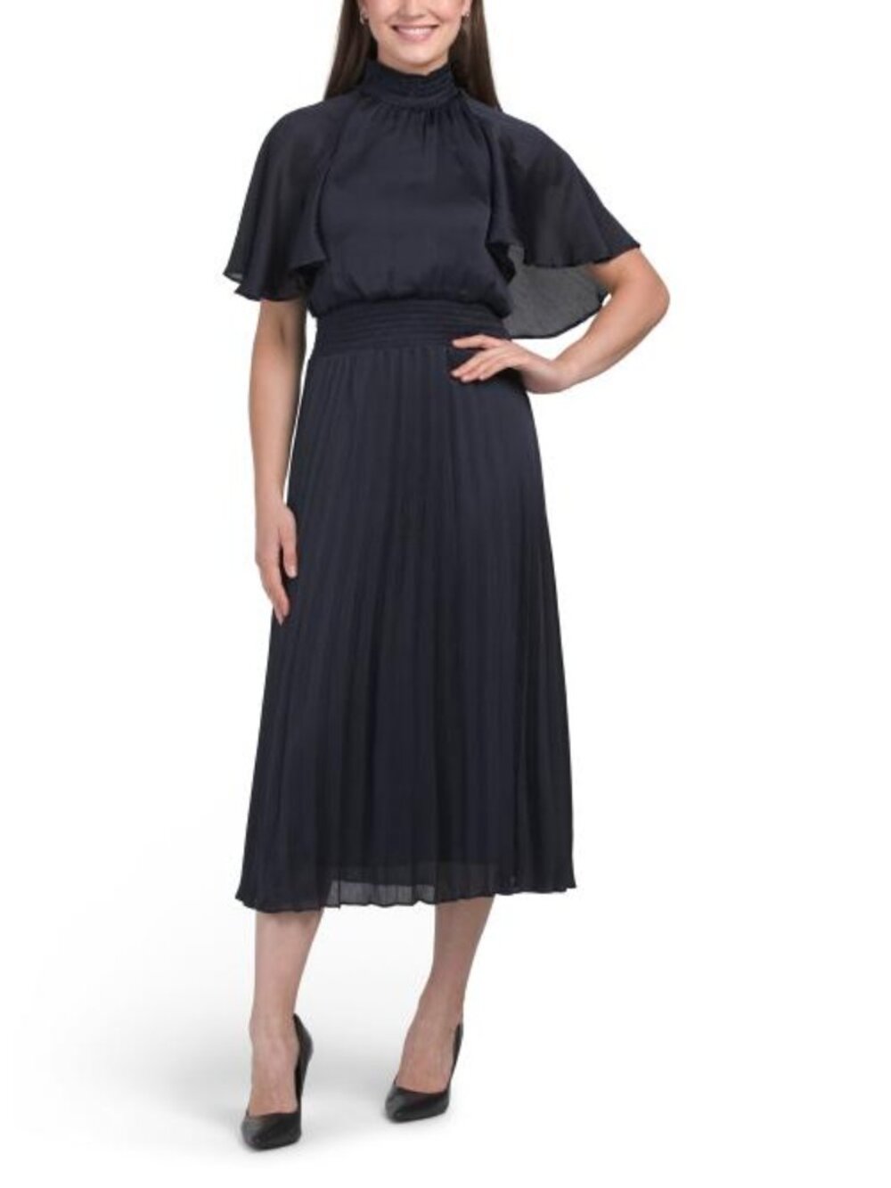 JULIA JORDAN Satin Flutter Sleeve Pleated Midi Dress In Blue